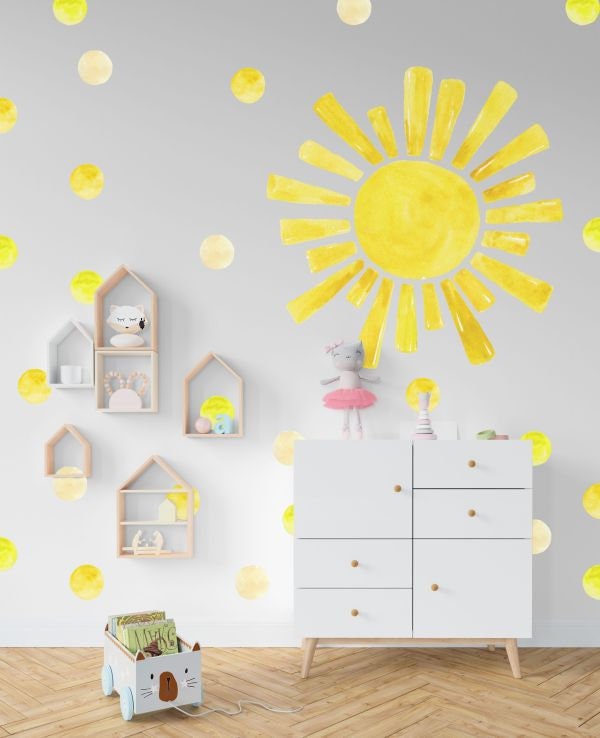 Sun Wall Decals Stickers Polka Dots Yellow Watercolor, LF019