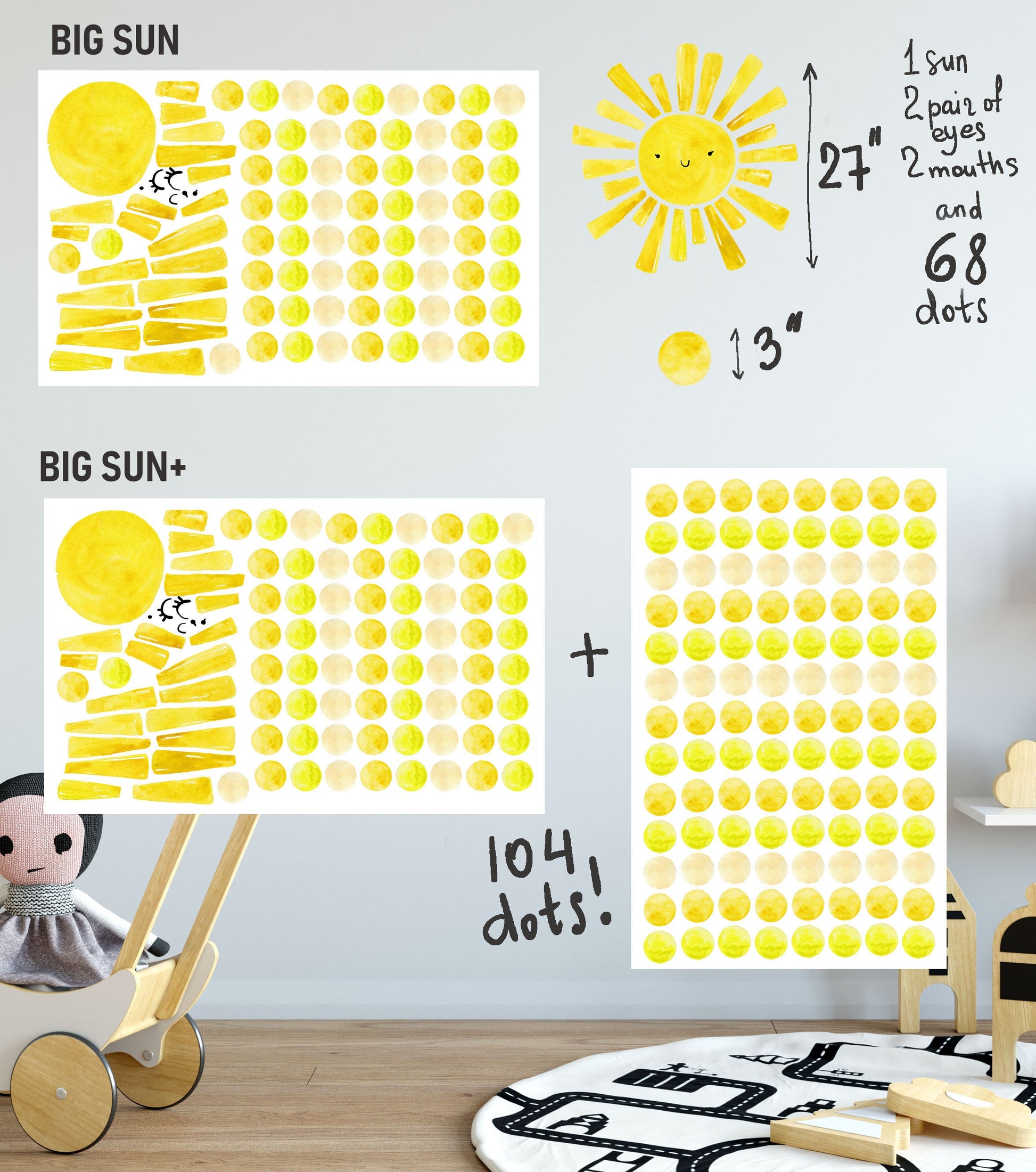 Sun Wall Decals Stickers Polka Dots Yellow Watercolor, LF019