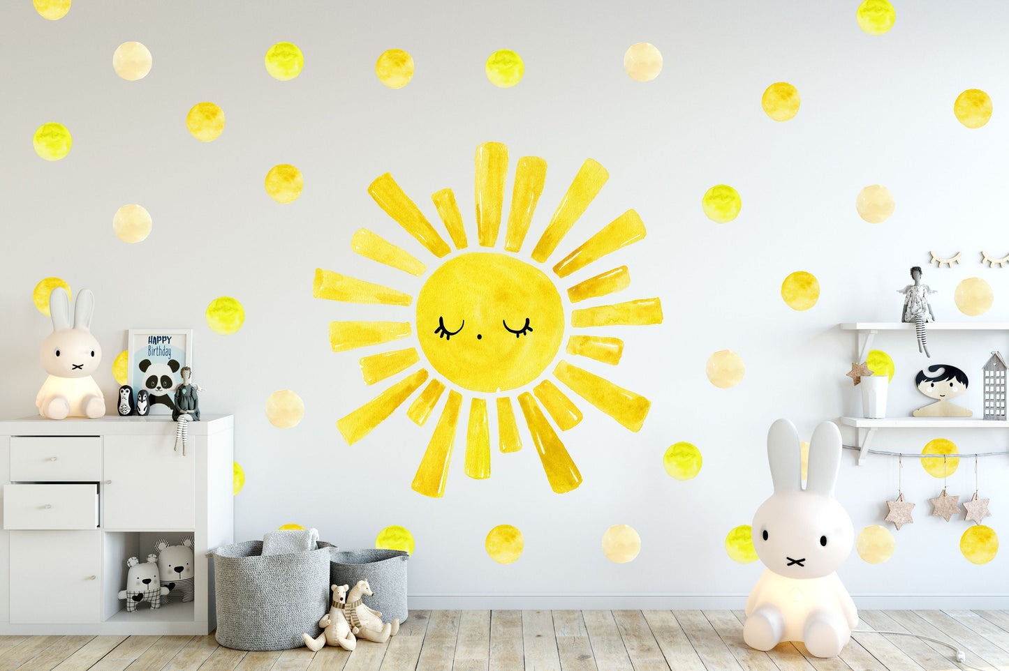 Sun Wall Decals Stickers Polka Dots Yellow Watercolor, LF019