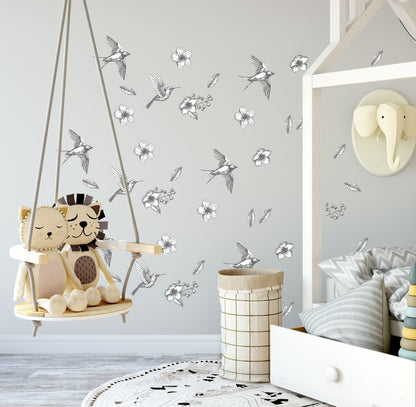 Bird Wall Decal Flowers Stickers Hummingbird Flying Gray, LF020