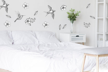 Bird Wall Decal Flowers Stickers Hummingbird Flying Gray, LF020