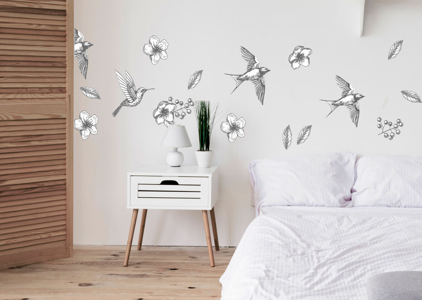 Bird Wall Decal Flowers Stickers Hummingbird Flying Gray, LF020