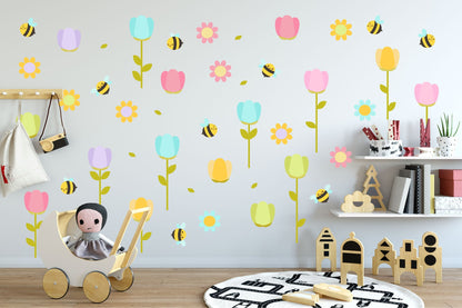 Flower wall decals Decor Cute Bee Tulip Floral Home decor Nursery Kawaii, LF025