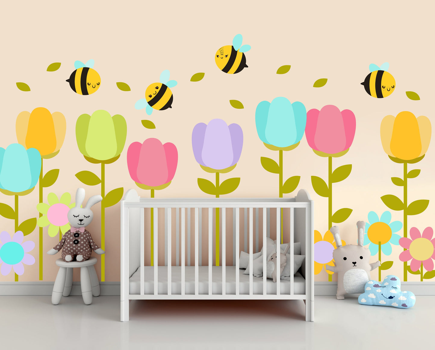 Flower wall decals Decor Cute Bee Tulip Floral Home decor Nursery Kawaii, LF025