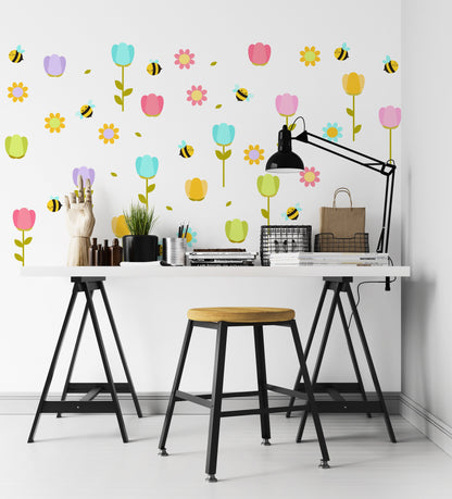 Flower wall decals Decor Cute Bee Tulip Floral Home decor Nursery Kawaii, LF025