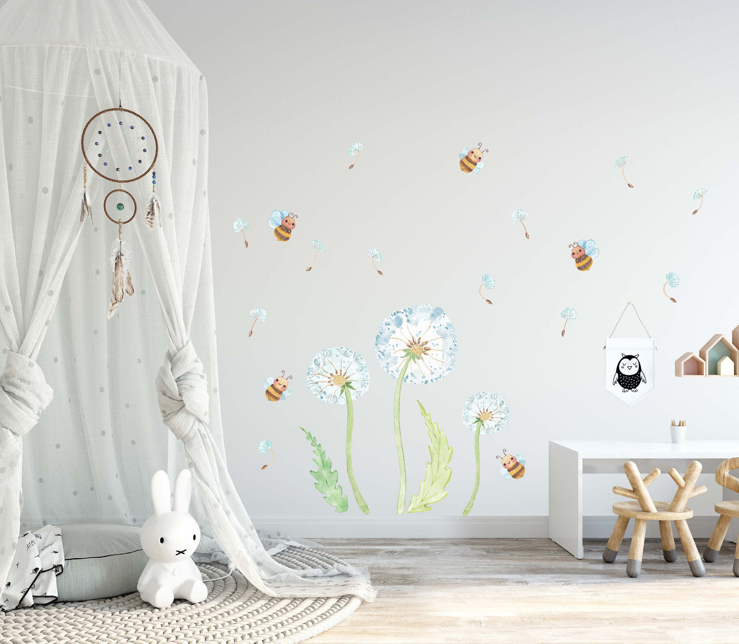 Fabric Wall Decal Dandelion Nursery Watercolour Kids Room Decor Bee, LF027