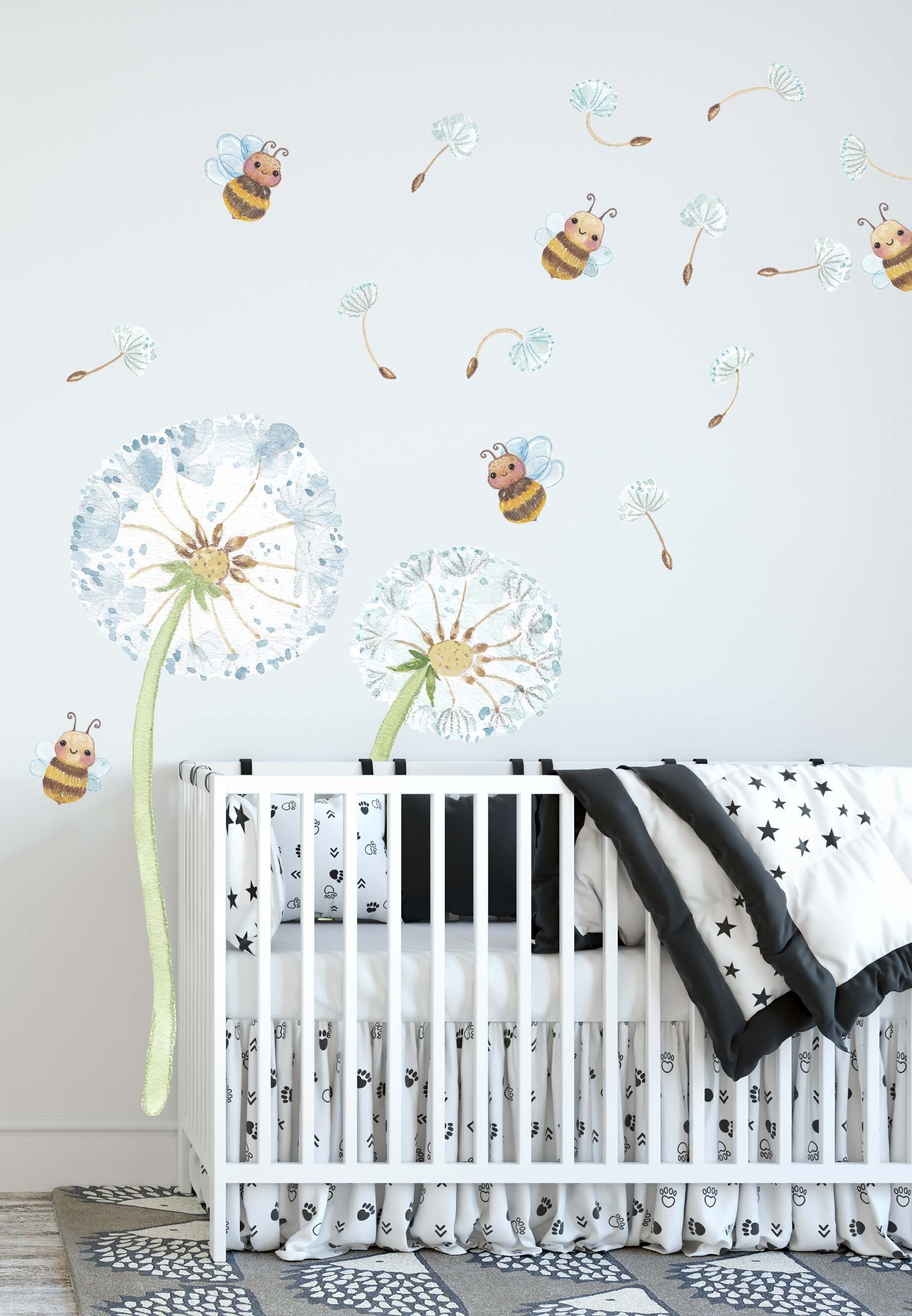 Fabric Wall Decal Dandelion Nursery Watercolour Kids Room Decor Bee, LF027