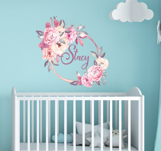 Peony Custom Name Wall Decals Floral Frame Stickers Nursery Girl Room Baby, LF031