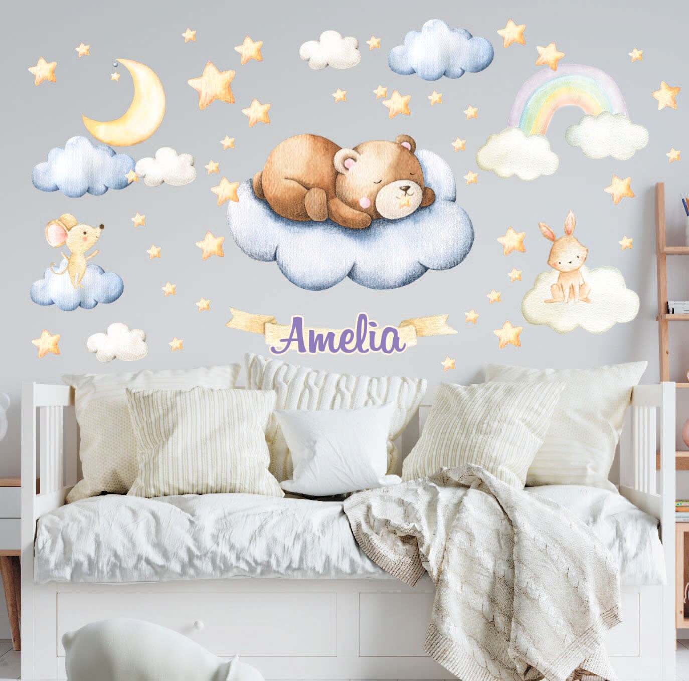 Bear wall sticker Sleeping Animal Decal Stars Moon Clouds Woodland night sky Custom Name, LF037