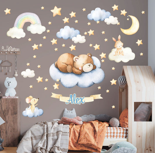 Bear wall sticker Sleeping Animal Decal Stars Moon Clouds Woodland night sky Custom Name, LF037