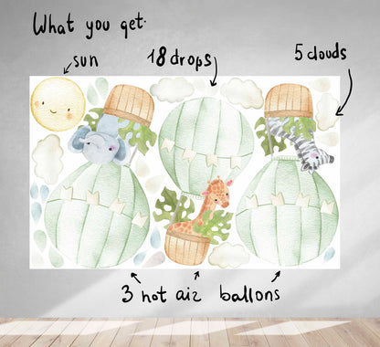 Hot air Balloon Watercolor Nursery decals Jungle Safari Animals Large Green Leaves, LF57