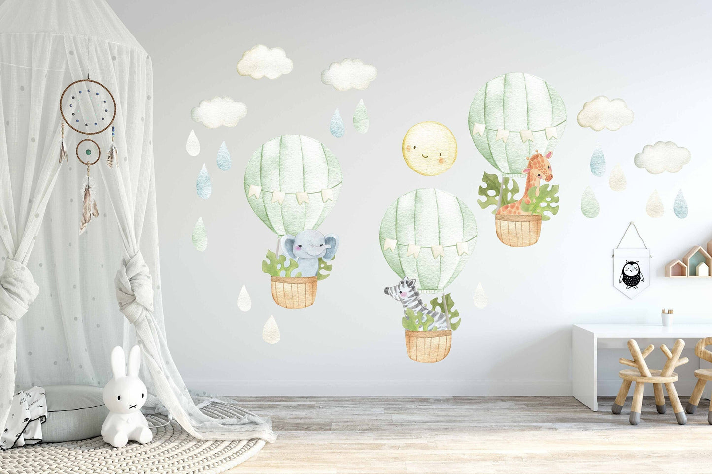 Hot air Balloon Watercolor Nursery decals Jungle Safari Animals Large Green Leaves, LF57