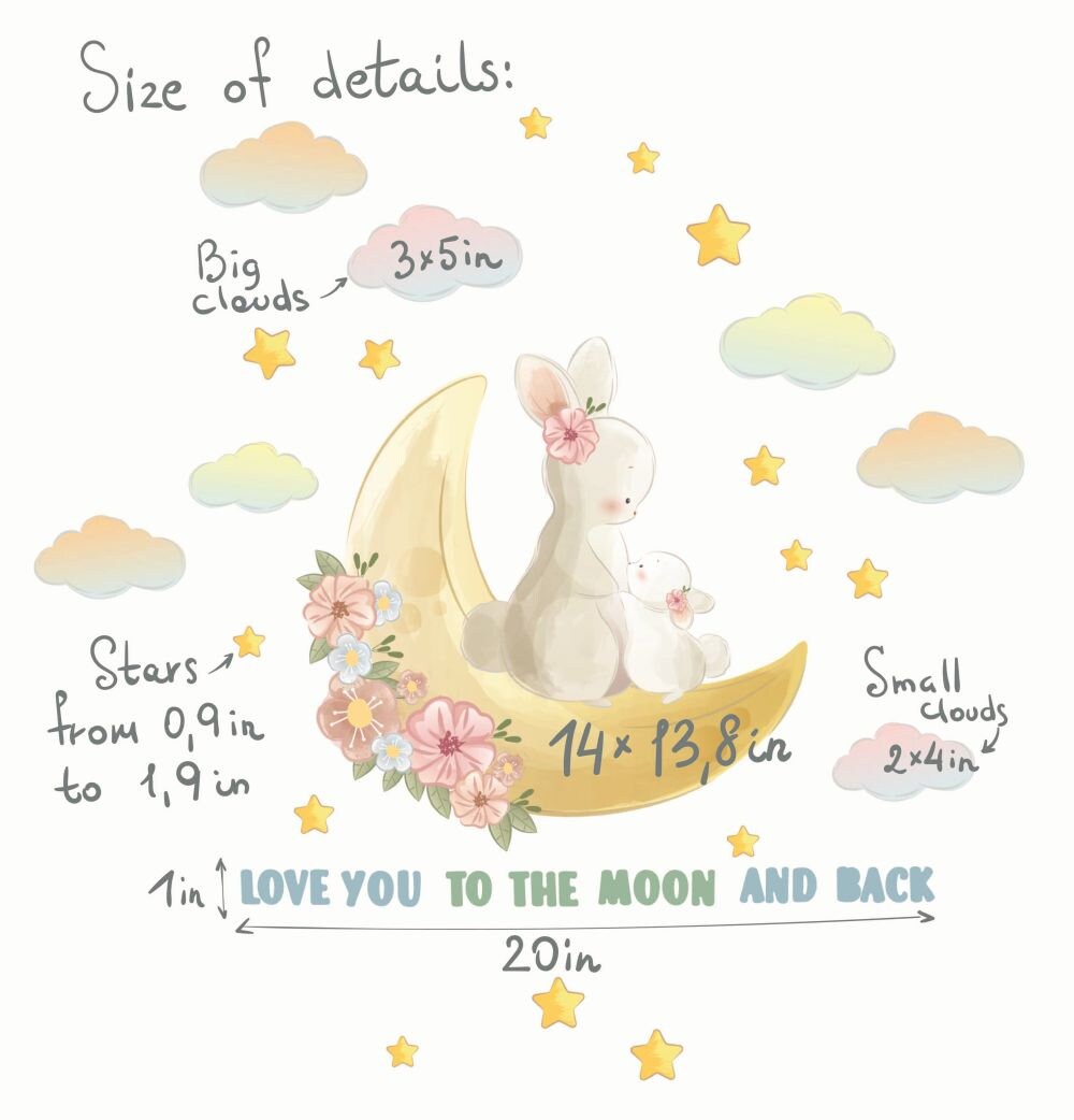 Bunny Decals Family Mom Baby Moon Clouds Love You To The Moon And Back, Stars Stickers Girls room, LF059