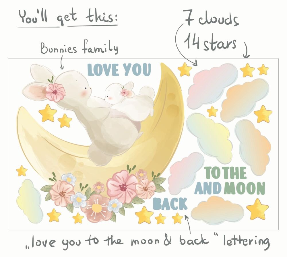 Bunny Decals Family Mom Baby Moon Clouds Love You To The Moon And Back, Stars Stickers Girls room, LF059