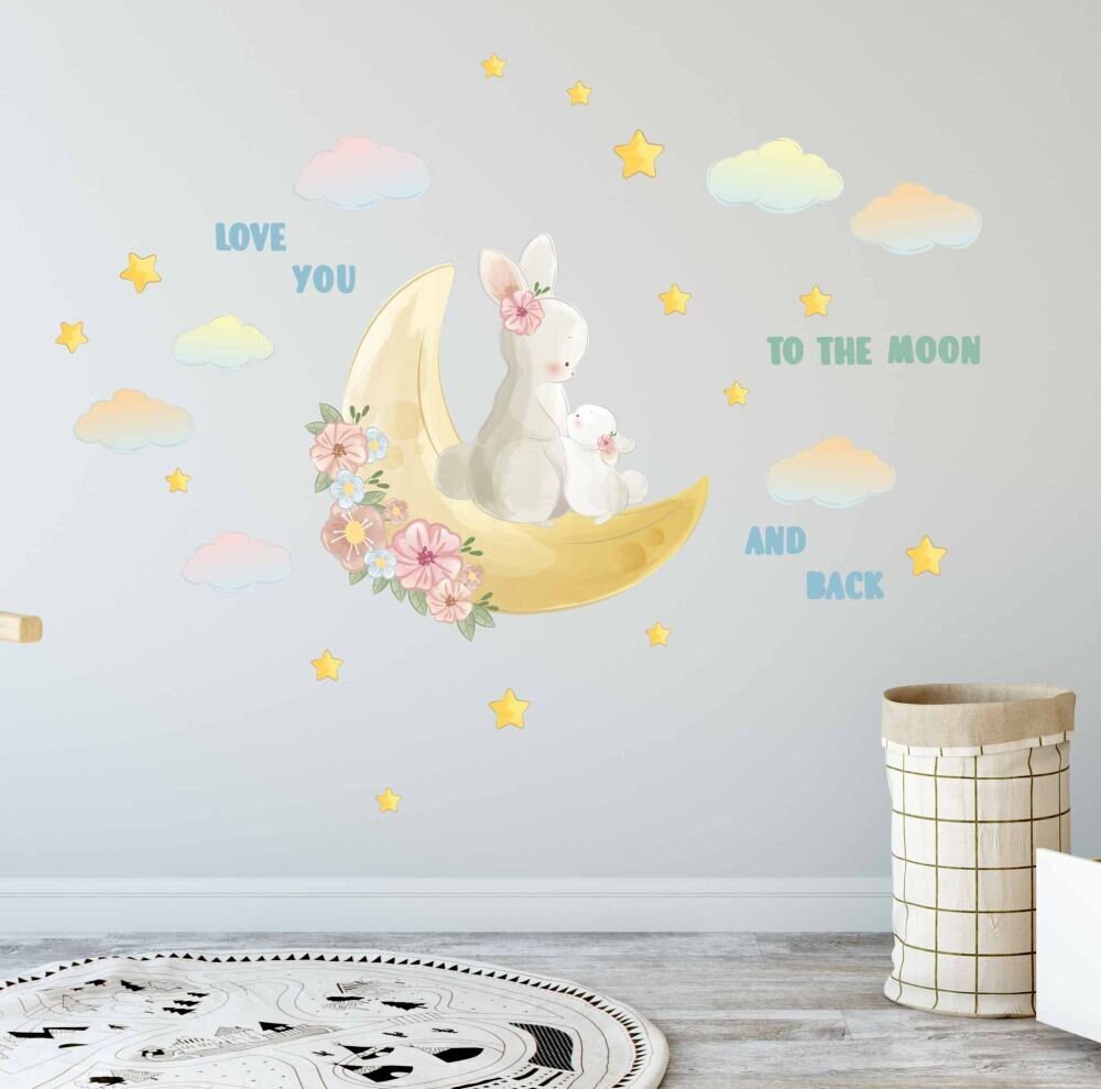 Bunny Decals Family Mom Baby Moon Clouds Love You To The Moon And Back, Stars Stickers Girls room, LF059