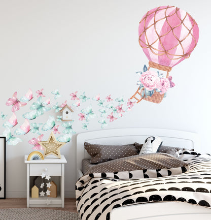 Hot Air Balloon Wall Decal Watercolor Peony Flowers Butterfly Stickers, LF60