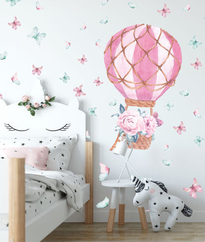 Hot Air Balloon Wall Decal Watercolor Peony Flowers Butterfly Stickers, LF60