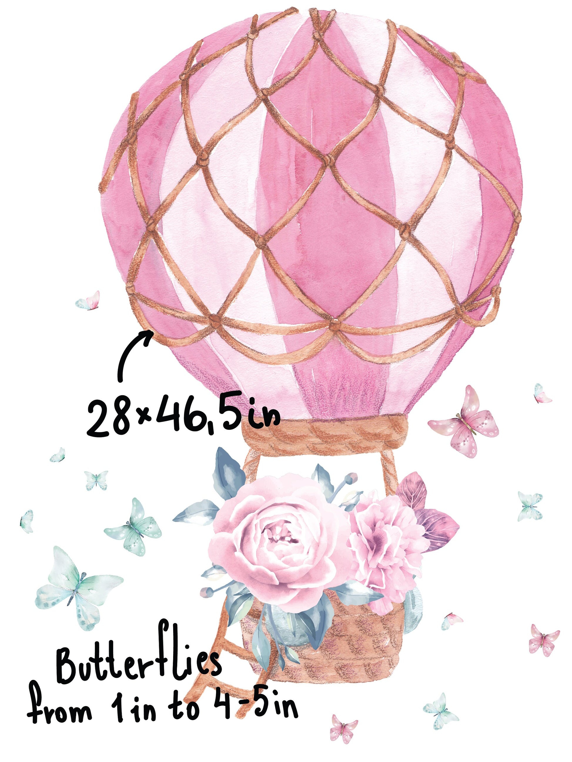 Hot Air Balloon Wall Decal Watercolor Peony Flowers Butterfly Stickers, LF60