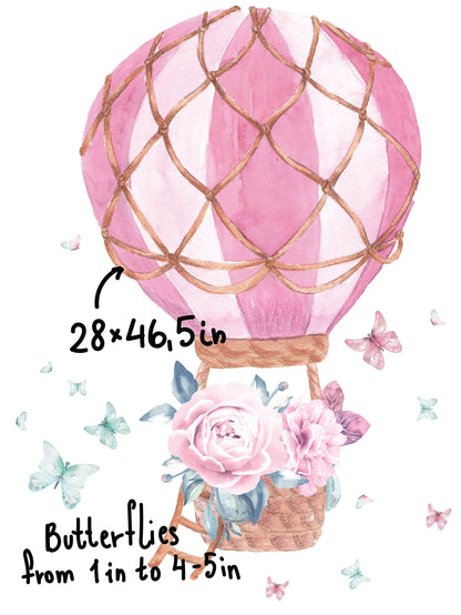 Hot Air Balloon Wall Decal Watercolor Peony Flowers Butterfly Stickers, LF60