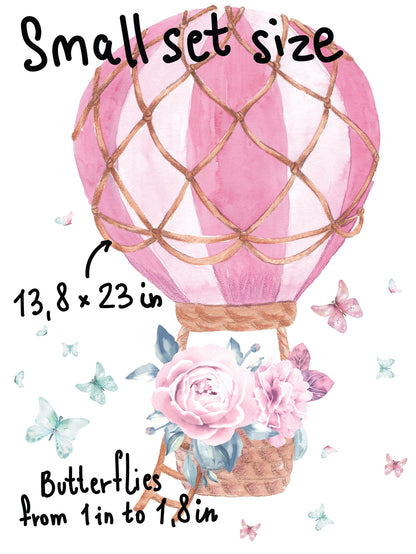 Hot Air Balloon Wall Decal Watercolor Peony Flowers Butterfly Stickers, LF60