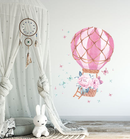 Hot Air Balloon Wall Decal Watercolor Peony Flowers Butterfly Stickers, LF60