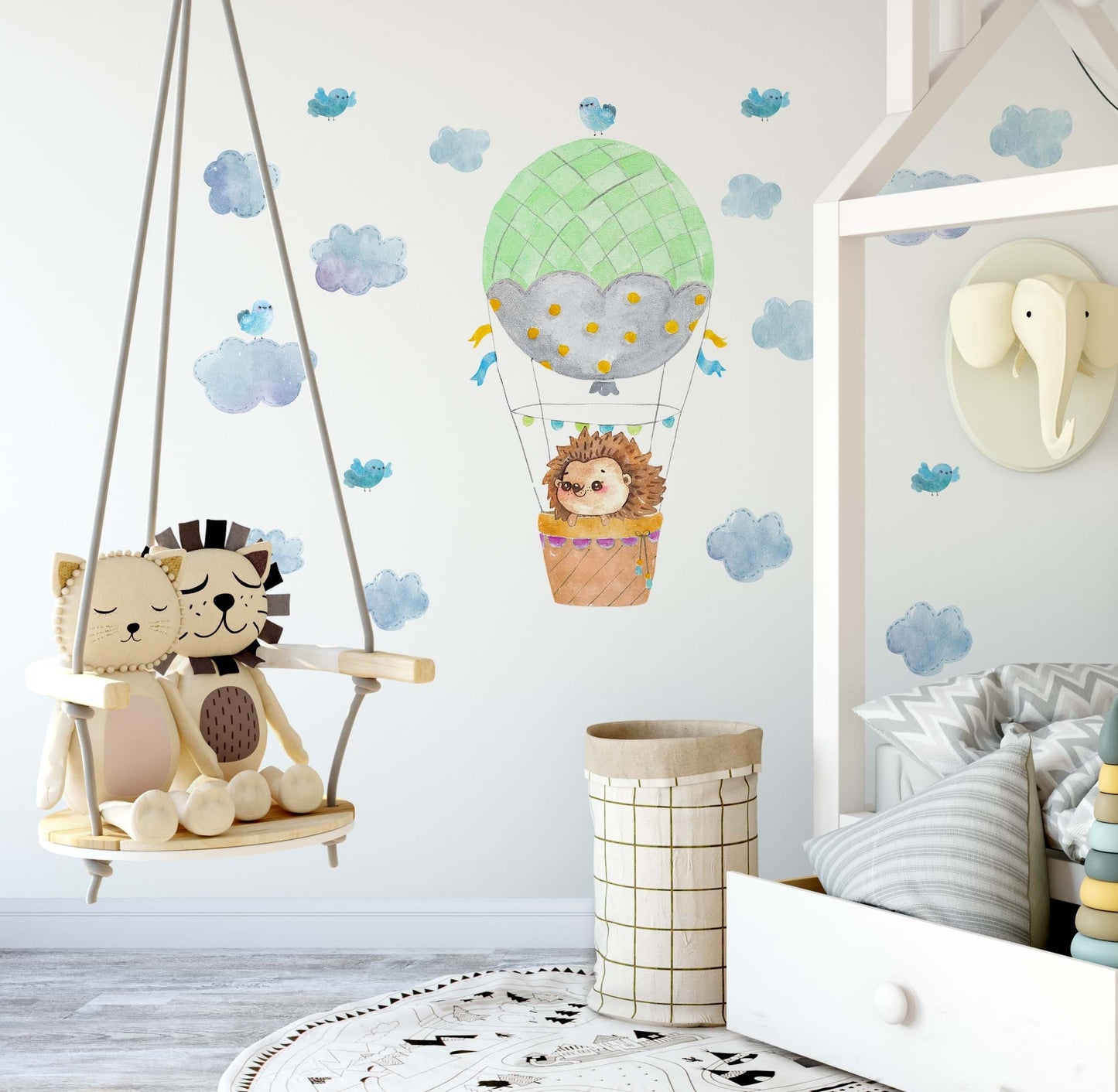 Hot air balloon Wall decals Hedgehog Nursery Watercolour Forest Animal Stickers Clouds Bird, LF086