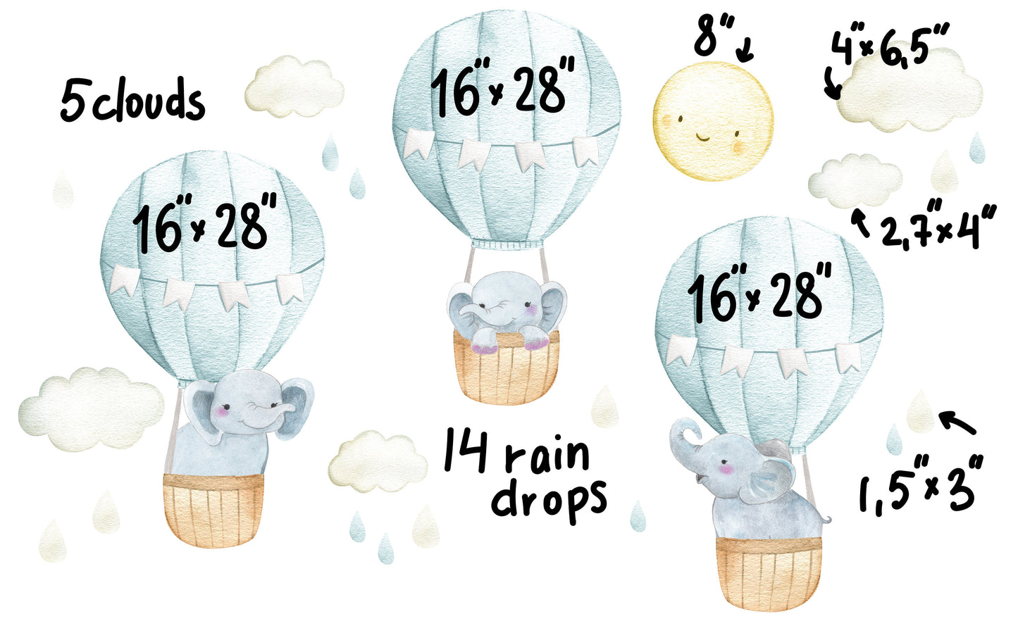 Hot Air Balloon Decals Elephant Stickers Blue, LF088