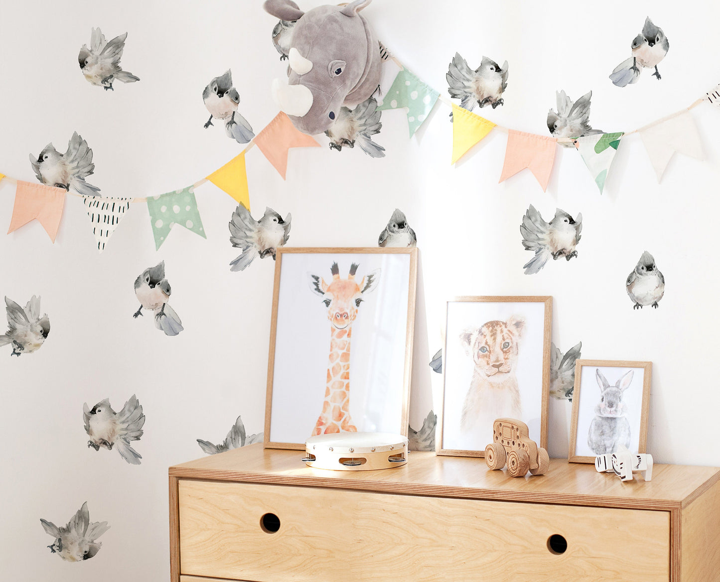 Birds Wall Decals Nursery Gray Forest Stickers, LF110