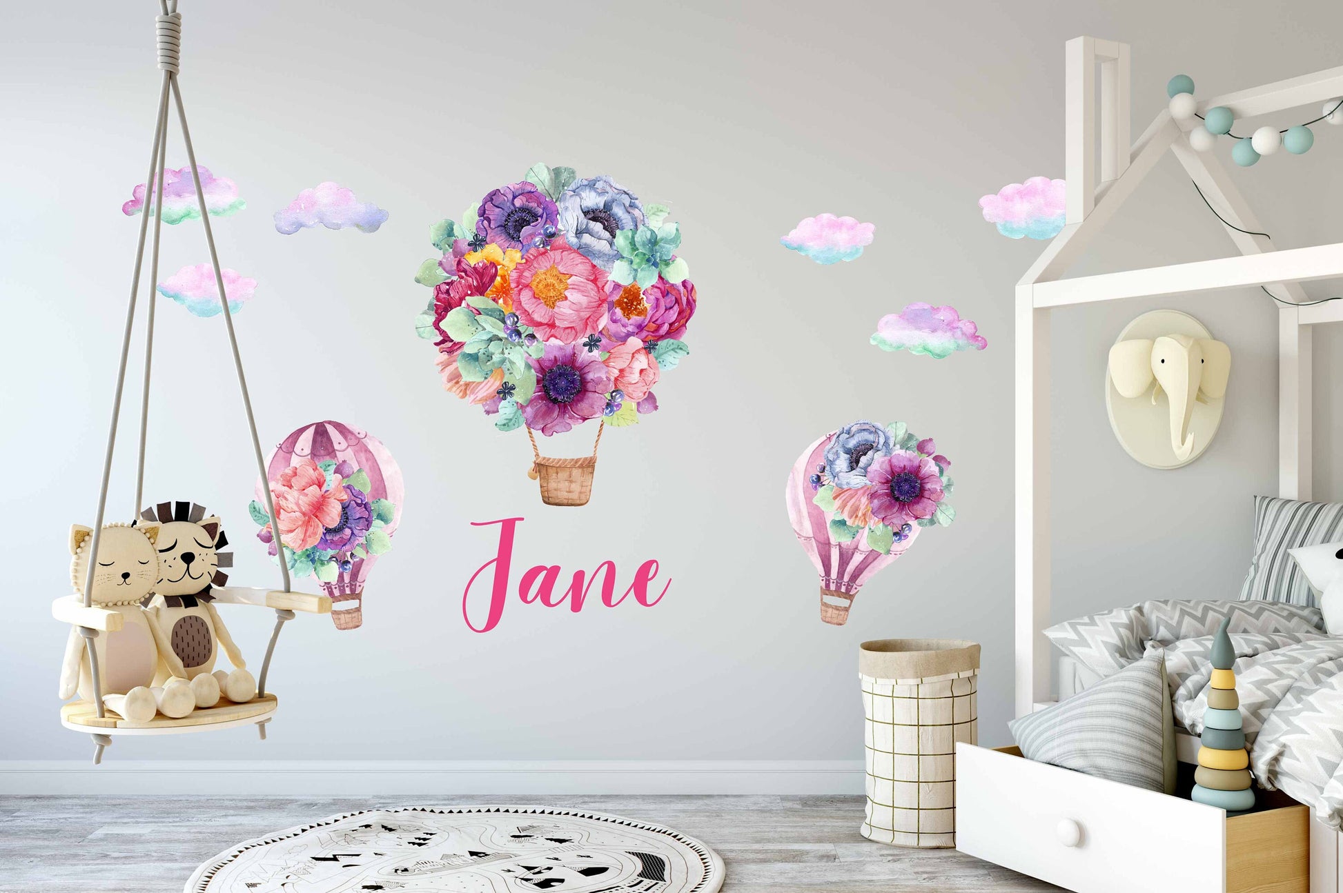 Hot Air Balloon Wall Decals Watercolor Flower Stickers, LF118