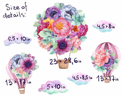 Hot Air Balloon Wall Decals Watercolor Flower Stickers, LF118