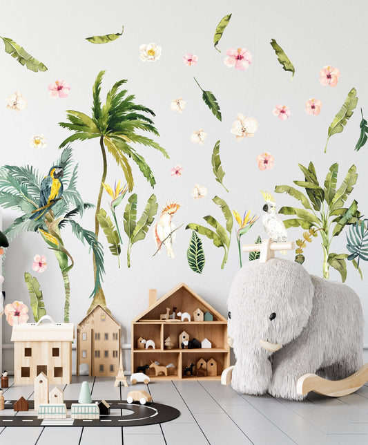 Palm Tree Wall Decals Tropical Leaves Banana Leaf Parrot Greenery Stickers, LF121