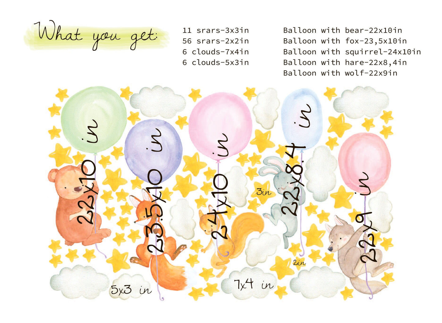 Woodland Animals Decals Color Balloons Stickers Bear Wolf Fox, LF135