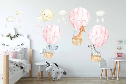 Pink Hot Air Balloon Wall Decal Nursery Decor Safari Animals LF166