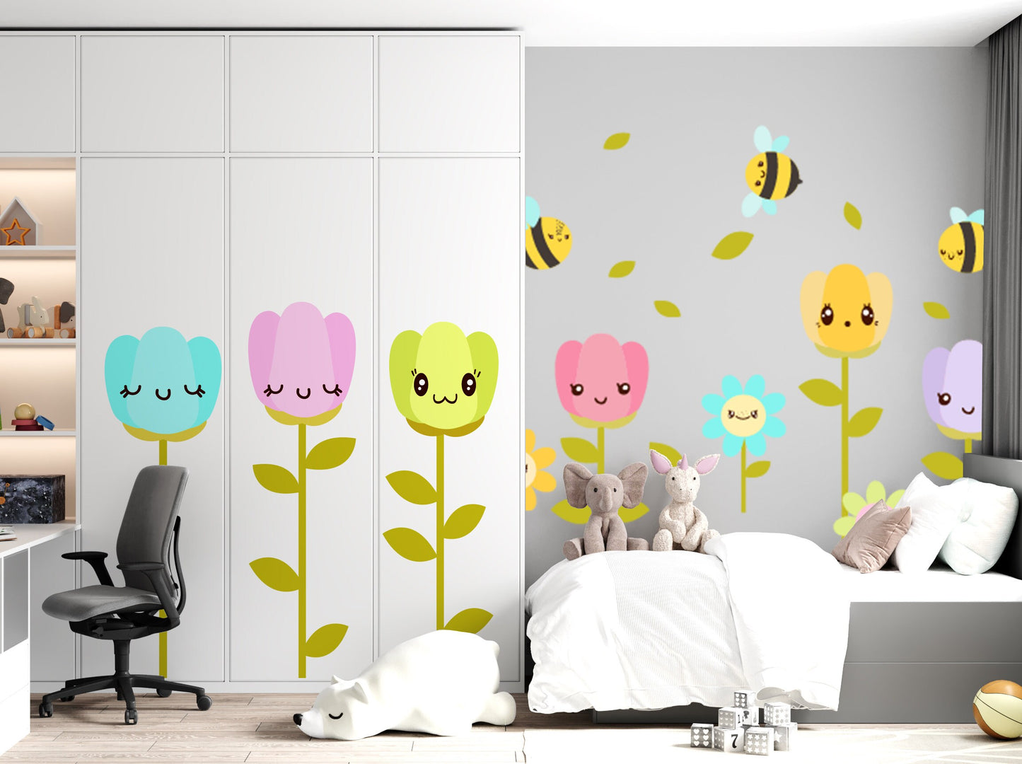 Flower wall decals Decor Cute Bee Tulip Floral Home decor Nursery, LF171