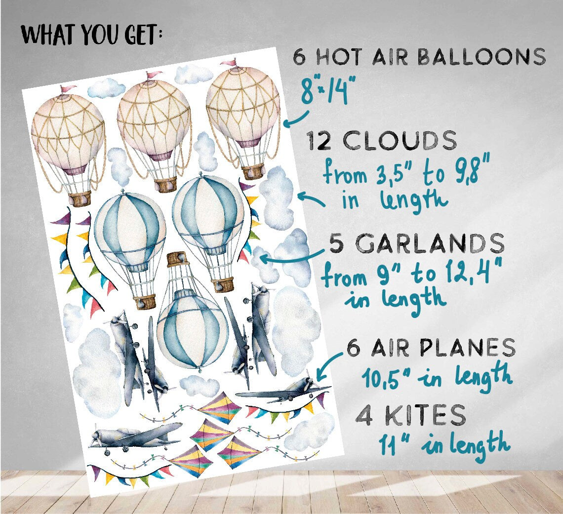 Hot Air Balloon Wall Decals Stickers Airplane Retro, LF174