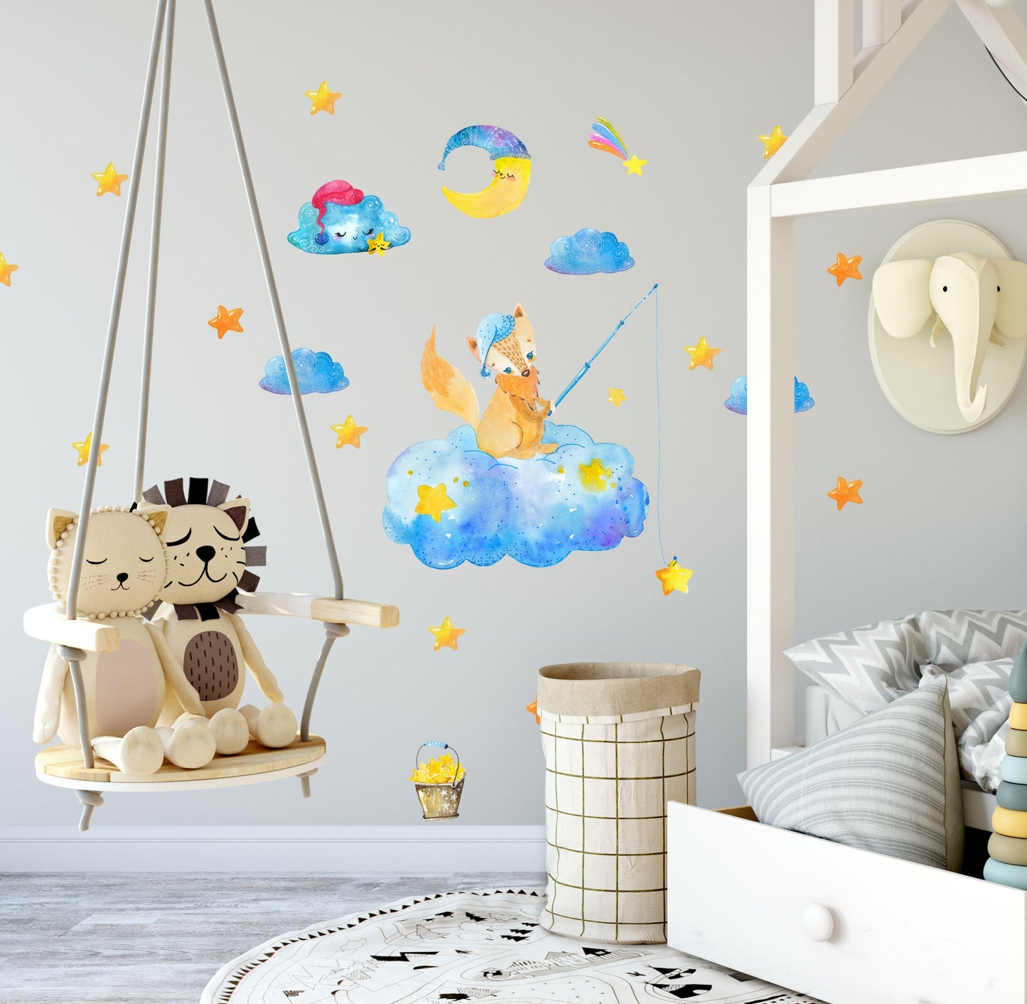 Fox Decals, Moon Stars Stickers Nursery Decoration Forest Animal Clouds, Stars, LF176