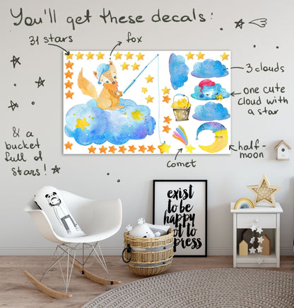 Fox Decals, Moon Stars Stickers Nursery Decoration Forest Animal Clouds, Stars, LF176