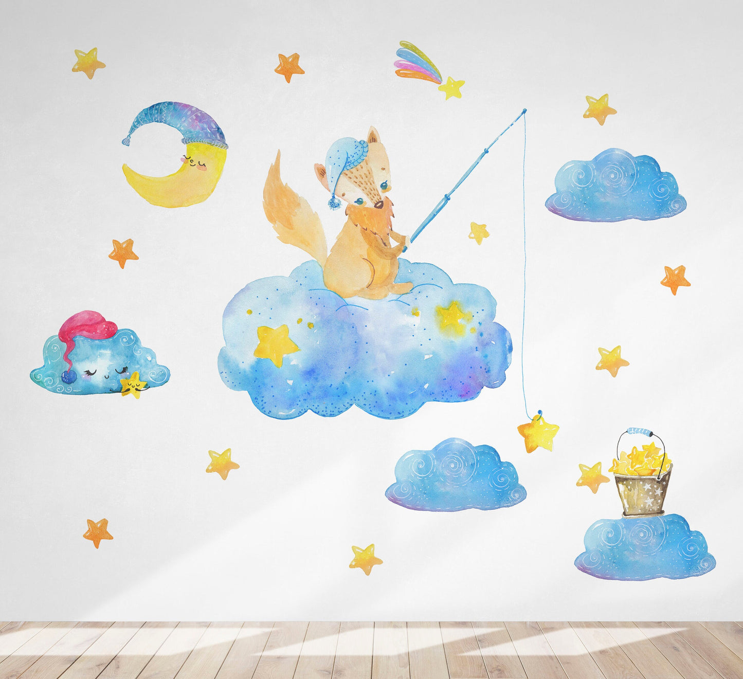 Fox Decals, Moon Stars Stickers Nursery Decoration Forest Animal Clouds, Stars, LF176