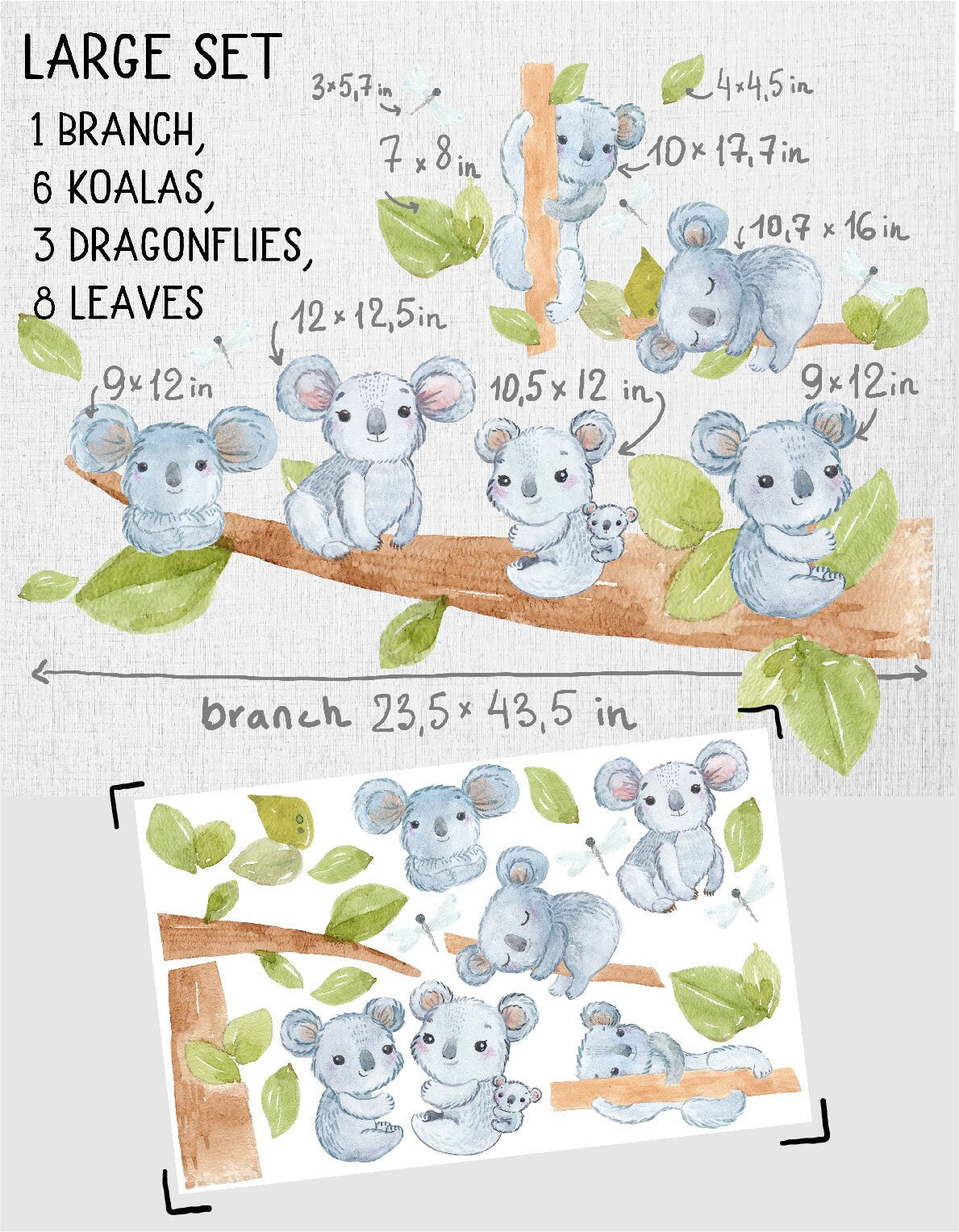 Koalas wall decals tree greenery leaves stickers Australian animals, LF197