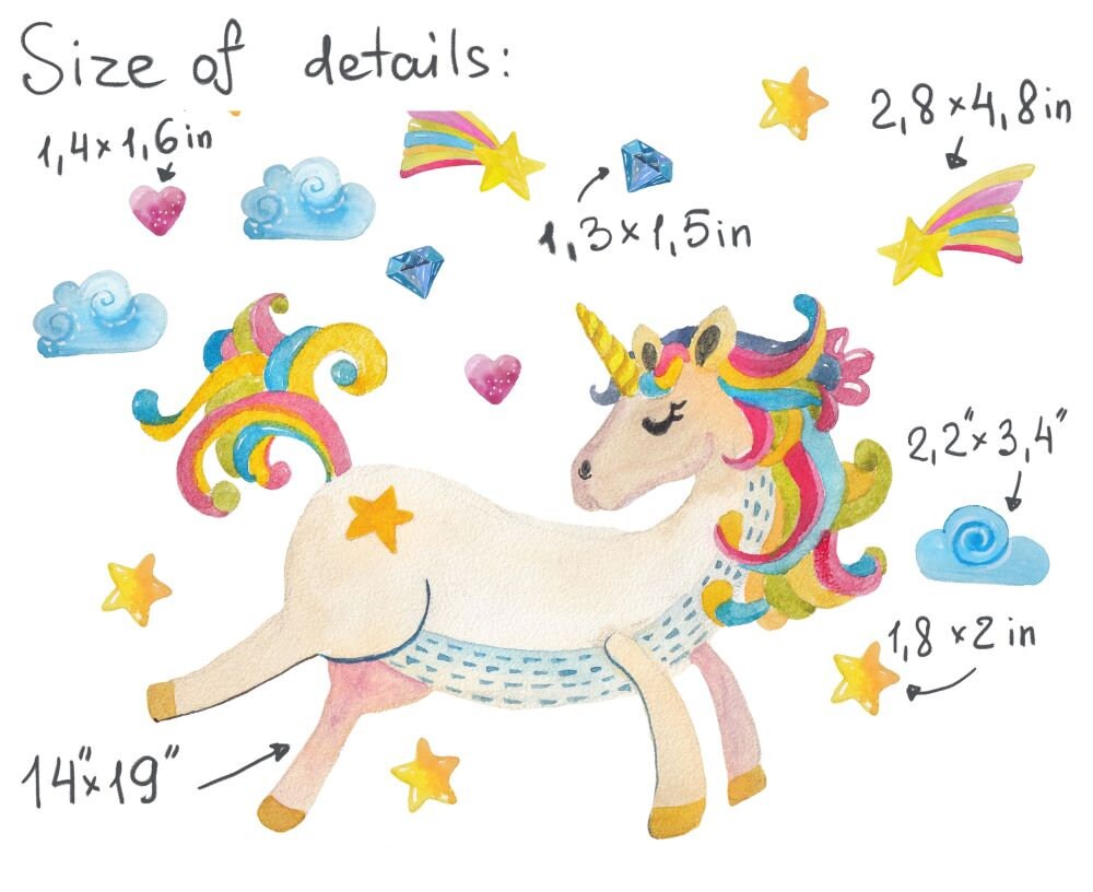 Unicorn decal Watercolor wall Sticker Horse Stars Rainbow, LF201