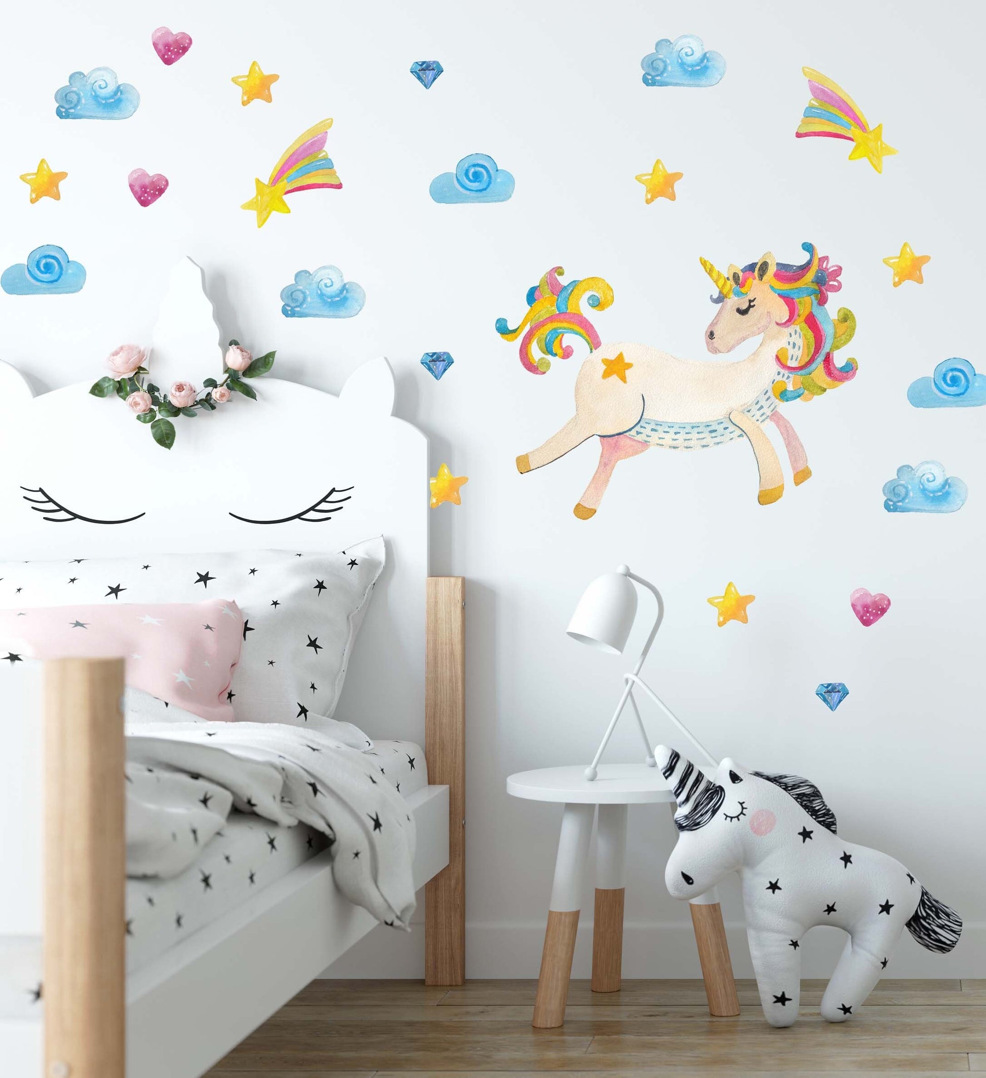 Unicorn decal Watercolor wall Sticker Horse Stars Rainbow, LF201