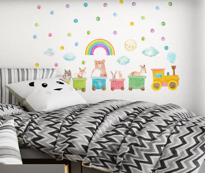 Train Wall Decals Woodland Animals Polka Dots Stickers Rainbow Bear Fox, LF204