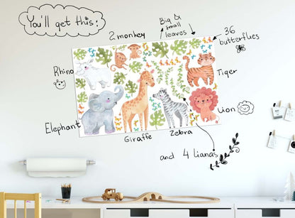 Jungle Animals Decals Safari Stickers Greenery Leave Butterfly Elephant Zebra Giraffe, LF217