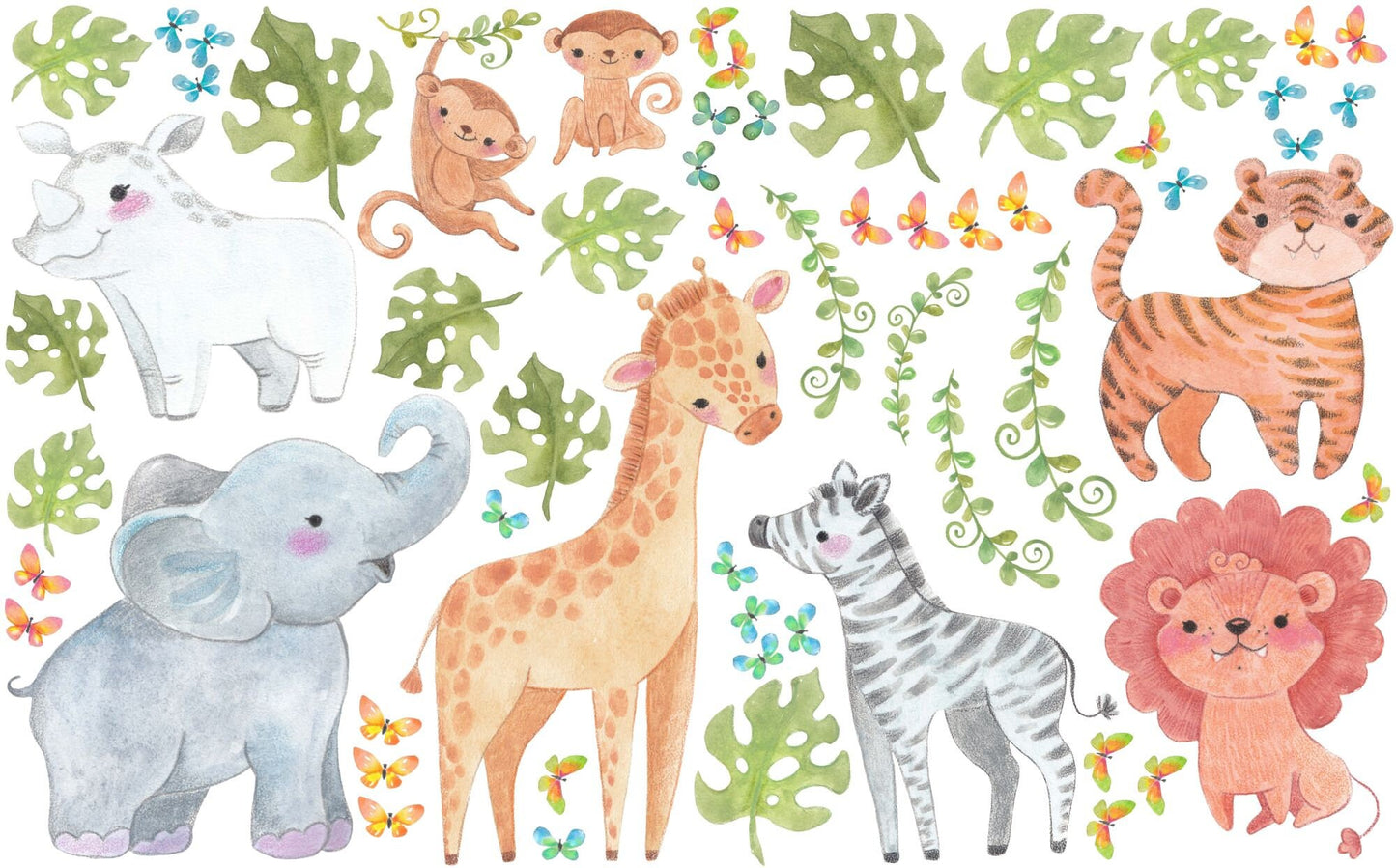 Jungle Animals Decals Safari Stickers Greenery Leave Butterfly Elephant Zebra Giraffe, LF217