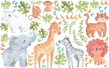 Jungle Animals Decals Safari Stickers Greenery Leave Butterfly Elephant Zebra Giraffe, LF217