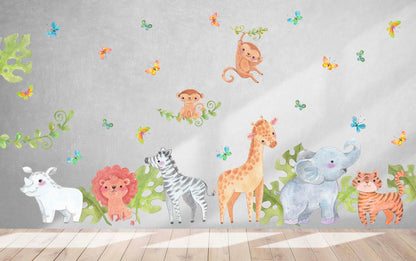 Jungle Animals Decals Safari Stickers Greenery Leave Butterfly Elephant Zebra Giraffe, LF217