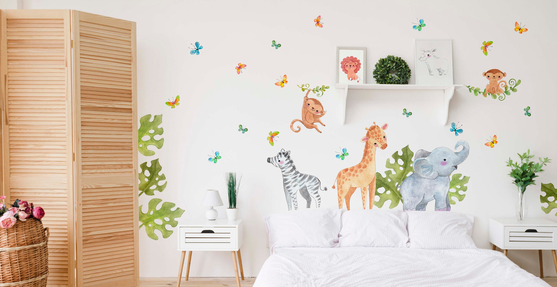 Jungle Animals Decals Safari Stickers Greenery Leave Butterfly Elephant Zebra Giraffe, LF217