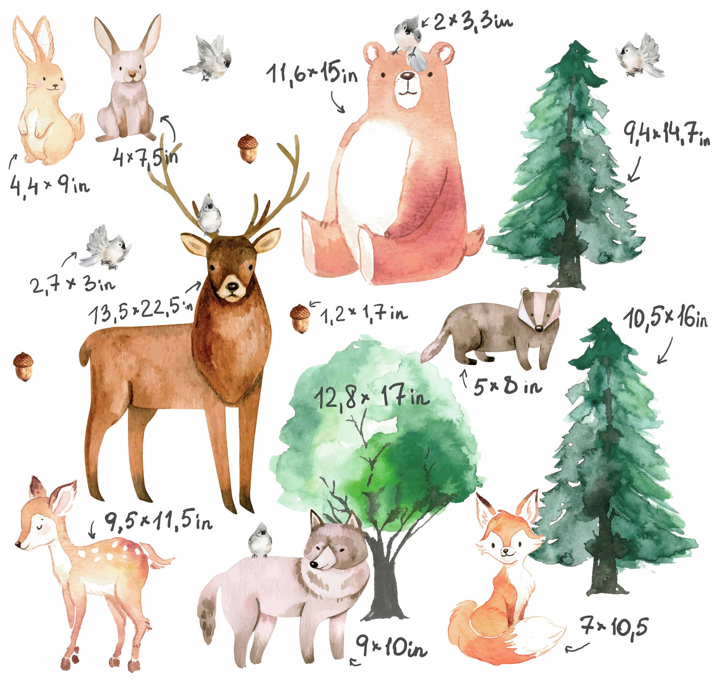 Forest Animals Trees Pines Wall Decals Woodland Nursery Stickers Kids Room Decor Deer Bear, LF005