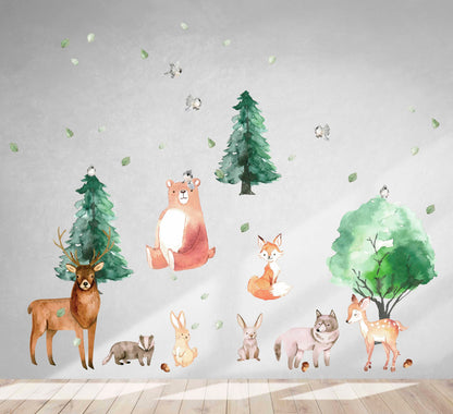 Forest Animals Trees Pines Wall Decals Woodland Nursery Stickers Kids Room Decor Deer Bear, LF005