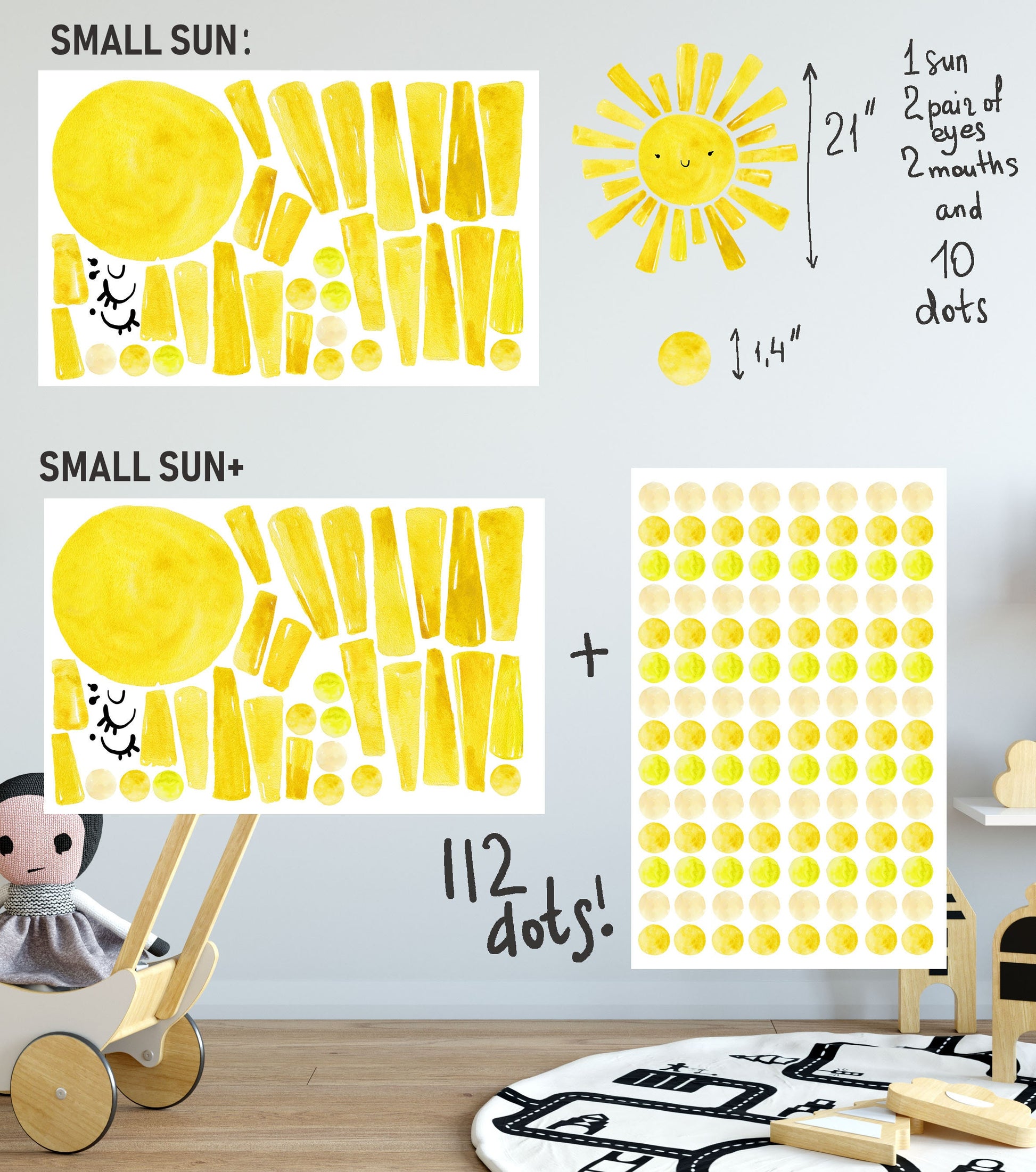 Sun Wall Decals Stickers Polka Dots Yellow Watercolor, LF019